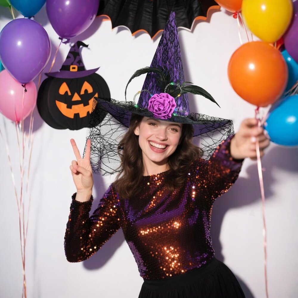 Halloween Witch Hat, Light Up Witch Hats for Women Costume Accessory Cosplay Par - Picture 4 of 7